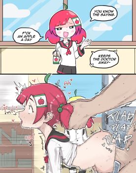 1boy 2girls age_difference ahoge all_fours apple blonde_hair blush blush_stickers cloud cross-section doggystyle english_text erection food fruit grabbing_another's_hair hair_ornament hairclip heart heart-shaped_pupils highres holding_another's_hair legs loli mesugaki motion_lines multiple_girls open_mouth original penis plap red_eyes red_hair saliva school_uniform serafuku sex sex_from_behind size_difference skirt smug standing sweat symbol-shaped_pupils testicles thighs third-party_edit twintails uncensored vaginal zlix0n