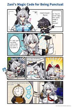 1boy 1girl absurdres ahoge armband black_armband black_gloves black_hair black_horns black_jacket breasts brushing_teeth chest_harness closed_mouth collared_shirt commentary curled_horns egg english_commentary english_text gloves grey_hair hair_between_eyes harness highres holding holding_microphone holding_pocket_watch horn_cover horns interview jacket jewelry key key_necklace large_breasts long_hair looking_at_viewer male_rover_(wuthering_waves) microphone mole mole_under_eye necklace necktie official_art pocket_watch red_eyes red_necktie rover_(wuthering_waves) shirt smile sunglasses watch white_shirt wuthering_waves yellow_eyes zani_(wuthering_waves)