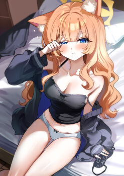 1girl absurdres animal_ears bare_shoulders black_camisole black_jacket blue_archive blue_eyes blush breasts camisole cat_ears cleavage halo highres jacket long_hair long_sleeves looking_at_viewer mari_(blue_archive) medium_breasts navel off_shoulder orange_hair panties sak_(lemondisk) sidelocks solo thighs underwear white_panties