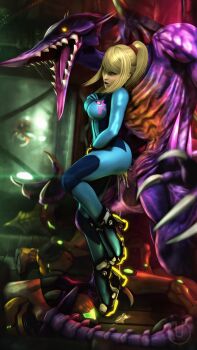 1girl 3d ass ass_focus blonde_hair breasts cum cum_on_body cum_on_lower_body defeat defeated_heroin green_eyes high_heels interspecies leg_up legs long_hair long_legs looking_back metroid monster nintendo open_mouth ponytail ridley samus_aran sex sex_from_behind skin_tight skinsuit standing super_smash_bros. urbanator