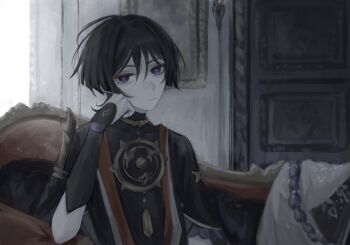 1boy arm_at_side armor black_bodysuit black_hair black_kimono black_sleeves blunt_ends bodysuit choppy_bangs closed_mouth couch covered_collarbone door elbow_rest expressionless eyeliner eyeshadow frilled_sleeves frills genshin_impact gold hair_between_eyes hand_on_own_face hand_up head_rest highres indoors japanese_armor japanese_clothes jewelry juban kimono kote kurokote layered_sleeves looking_at_viewer makeup male_focus mitsudomoe_(shape) neck_ring pale_skin partially_shaded_face portrait_(object) purple_eyes purple_sleeves red_eyeliner red_eyeshadow red_kimono scaramouche_(genshin_impact) single_sode sitting solo tomoe_(symbol) tsurime white_kimono yoruli_e