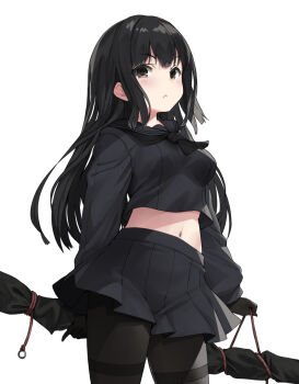 1girl :&lt; black_gloves black_pantyhose black_sailor_collar black_serafuku black_shirt black_skirt breasts commentary_request cowboy_shot expressionless fang fang_out gloves itou_ryuusei looking_at_viewer midriff navel original pantyhose pleated_skirt sailor_collar school_uniform serafuku shirt simple_background skin_fang skirt solo white_background