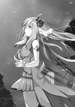 1girl ahoge blunt_bangs breasts buta_koushaku cleavage cleavage_cutout closed_mouth clothing_cutout corset cowboy_shot dress elbow_gloves flower from_side gloves greyscale hair_flower hair_ornament karina_little_daris large_breasts long_hair looking_up monochrome nauribon night night_sky novel_illustration official_art outdoors own_hands_clasped own_hands_together short_dress sidelocks sky sleeveless sleeveless_dress solo standing star_(sky) thighs third-party_source tree underboob_cutout very_long_hair