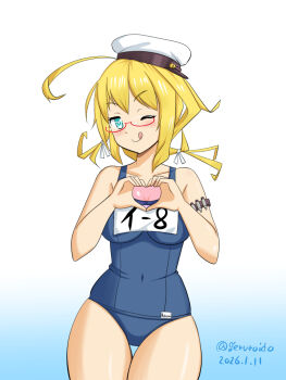 1girl ahoge blonde_hair blue_background blue_eyes blush breasts commentary_request cowboy_shot dated geru glasses gradient_background hair_ribbon hat heart heart_hands i-8_(kancolle) kantai_collection large_breasts long_hair low_twintails one-piece_swimsuit red-framed_eyewear ribbon school_swimsuit smile swimsuit twintails twitter_username