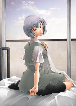 ayanami_rei bed blue_hair kneehighs neon_genesis_evangelion red_eyes sakai_hamachi school_uniform serafuku short_hair socks solo