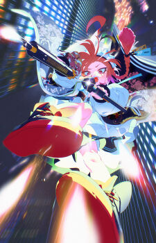 1girl absurdres apron blue_archive bm_tol braid commentary firing firing_at_viewer floral_print gun highres holding holding_gun holding_weapon jacket looking_at_viewer maid maid_apron maid_headdress motion_blur multicolored_jacket neru_(blue_archive) open_mouth red_eyes red_hair sig_mpx sig_sauer submachine_gun sukajan weapon