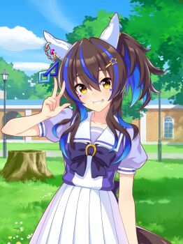 1girl absurdres animal_ear_piercing animal_ears arch artist_request back_bow bare_arms blue_bow blue_bowtie blue_hair blue_shirt blue_sky bow bowtie breasts brooch brown_hair chain chain_earrings cloud collarbone colored_inner_hair cowboy_shot daitaku_helios_(umamusume) day dot_nose ear_covers earrings facial_tattoo fang fingernails game_cg grass grin hair_between_eyes hair_ornament hairclip happy high-waist_skirt highres hoop_earrings horse_ears horse_girl horse_tail horseshoe_ornament jewelry lamppost large_breasts light_blush long_hair loose_hair_strand multicolored_hair multiple_earrings multiple_piercings official_art outdoors path pleated_skirt puffy_short_sleeves puffy_sleeves road sailor_collar school school_uniform shade shirt short_sleeves sidelocks skirt sky smile solo standing star_(symbol) star_hair_ornament star_tattoo streaked_hair tail tareme tattoo tracen_school_uniform tree tree_stump two-tone_hair two-tone_shirt umamusume v white_sailor_collar white_shirt white_skirt window yellow_eyes