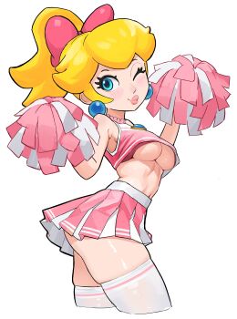 1girl absurdres alternate_costume bare_shoulders blonde_hair blue_eyes bow breasts brooch cheerleader closed_mouth commentary crop_top cropped_legs earrings from_side hair_bow hair_ribbon highres holding holding_pom_poms jewelry large_breasts lips long_hair looking_at_viewer mario_(series) midriff mineru128127 navel nintendo no_bra one_eye_closed pink_bow pink_lips pink_skirt pom_pom_(cheerleading) pom_poms ponytail princess_peach ribbon simple_background skirt sleeveless smile solo sphere_earrings thighhighs toned underboob white_background white_thighhighs wink