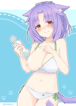 1girl absurdres animal_ears baby_bottle blush bottle bra breasts cat_ear_panties cat_ears cat_girl cat_tail cinnamon_(nekopara) commentary covered_erect_nipples english_commentary frilled_bra frills highres large_breasts nekopara nipples nirunirin one_breast_out panties paw_print paw_print_background pointing ponytail smile solo tail thigh_gap twitter_username underwear