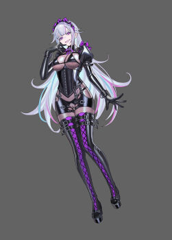 1girl :d absurdres black_corset bodysuit bondage_outfit boots breasts commentary_request commission corset full_body grey_background grey_hair highres juliet_sleeves lace-up_boots latex latex_bodysuit long_hair long_sleeves looking_at_viewer maid_headdress medium_breasts open_mouth original puffy_sleeves purple_eyes pussy second-party_source see-through_bodysuit see-through_clothes shen_hai_ichigo shiny_clothes smile solo thigh_boots variant_set very_long_hair wrist_cuffs