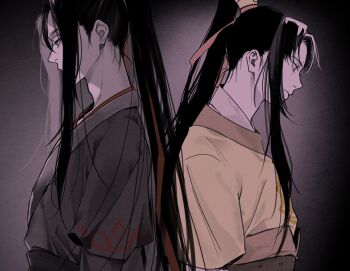 2boys arms_at_sides back-to-back bindi bishounen black_background black_hair black_hanfu black_sash brown_sash chinese_clothes closed_mouth commentary_request from_side hair_ribbon hanfu high_ponytail jin_ling limited_palette long_hair long_sleeves looking_down male_focus modao_zushi multiple_boys ponytail profile red_ribbon ribbon robe sash sidelocks upper_body very_long_hair wei_wuxian xiao_guan_(headdress) yellow_hanfu ykmr_(haga)