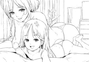 1boy 2girls age_difference ass incest loli looking_at_viewer micro_panties monochrome mother_and_daughter multiple_girls panties size_difference smile takei_shikin underwear