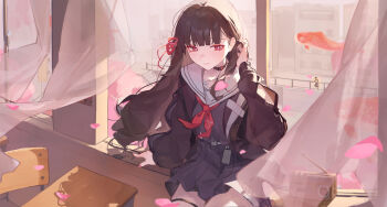 2girls absurdres arm_cutout black_choker black_hair black_jacket black_serafuku black_shirt black_skirt chisa_(wuthering_waves) choker classroom closed_mouth clothing_cutout commentary deceit_(decit) desk hair_ribbon hand_up highres indoors jacket koi long_hair long_sleeves mole mole_under_eye multiple_girls neckerchief on_windowsill pink_petals red_eyes red_neckerchief red_ribbon ribbon sailor_collar school_desk school_uniform serafuku shirt sitting skirt smile solo_focus sumika_(wuthering_waves) thigh_strap thighs white_sailor_collar wuthering_waves