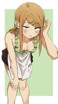 1girl adjusting_hair apron as_buppa bare_shoulders blonde_hair blush breasts dagashi_kashi downblouse ear_piercing earrings endou_saya highres jewelry jitome leaning_forward long_hair medium_breasts piercing skirt solo tank_top white_apron