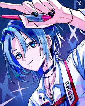Rule 34 | 1girl, absurdres, black choker, black nails, blue background, blue eyes, blue eyeshadow, blue hair, choker, closed mouth, eyeshadow, highres, hiodoshi ao, hiodoshi ao (regloss uniform), holding, holding pen, hololive, hololive dev is, makeup, medium hair, official alternate costume, official alternate hairstyle, pen, reina noi, shirt, smile, solo, star (symbol), virtual youtuber, white shirt