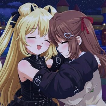 2girls animal_ears arm_belt belt black_arm_warmers black_belt black_ribbon blonde_hair bouncy_house brown_hair cardigan cerber_(vtuber) closed_eyes commentary dog_ears dog_girl english_commentary forehead-to-forehead hair_ornament hair_ribbon heads_together heart heart_hair_ornament hug indie_virtual_youtuber long_hair multiple_girls neuro-sama night open_mouth outdoors red_ribbon ribbon shirt sky sleeveless sleeveless_shirt star_(sky) starry_sky turtleneck turtleneck_shirt two_side_up unclecracker18 upper_body vedal_ai virtual_youtuber vrchat yellow_cardigan