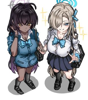 2girls absurdres asuna_(blue_archive) bag black_shoes black_socks blonde_hair blue_archive blue_bow blue_bowtie blue_eyes blue_halo bow bowtie breasts commentary_request dark-skinned_female dark_skin hair_over_one_eye halo highres karin_(blue_archive) korean_commentary large_breasts long_hair looking_at_viewer miniskirt multicolored_hair multicolored_halo multiple_girls rice0892 school_bag school_uniform shoes skirt smile socks sparkle standing very_long_hair w yellow_eyes