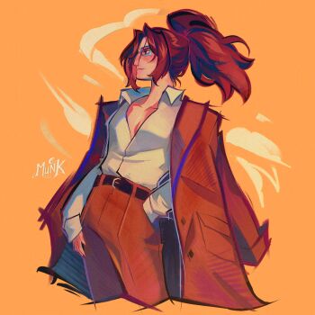 Rule 34 | 1girl, absurdres, brown hair, closed mouth, collared shirt, commentary, cropped legs, glasses, hand in pocket, hange zoe, highres, jacket, mulemount, orange background, orange jacket, orange pants, pants, ponytail, shingeki no kyojin, shirt, sidelocks, simple background, smile, solo, watermark, white shirt