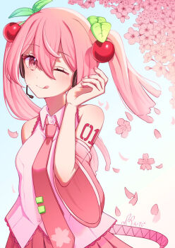 1girl arm_tattoo bare_shoulders blush breasts cherry_blossoms cherry_hair_ornament closed_mouth collared_shirt commentary flower food-themed_hair_ornament hair_between_eyes hair_ornament hatsune_miku headphones headset highres long_hair looking_at_viewer medium_breasts necktie number_tattoo one_eye_closed pink_eyes pink_flower pink_hair pink_necktie pink_skirt pleated_skirt sakura_miku shirt skirt sleeveless sleeveless_shirt smile solo symbol-only_commentary tattoo tongue tongue_out twintails upper_body very_long_hair vocaloid white_trim wide_sleeves wonder_(natade_nico2525)