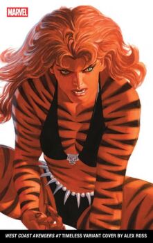 1girl alex_ross artist_name avengers_(series) bikini black_bikini breasts claws cleavage colored_skin comic_cover company_name copyright_name cover cover_page fangs green_eyes long_hair marvel official_art open_mouth orange_hair orange_skin realistic slit_pupils solo squatting striped_skin swimsuit tiger_girl tigra western_comics_(style) white_background