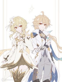 1boy 1girl absurdres aether_(as_heaven_and_earth_are_made_anew)_(genshin_impact) aether_(genshin_impact) ahoge armor artist_name baggy_pants bare_shoulders black_gloves black_shirt blonde_hair blue_cape blue_feathers boots border bow braid breasts brother_and_sister brown_boots brown_eyes cape closed_mouth commentary_request cowboy_shot detached_sleeves dress earrings feather_hair_ornament feathers floating_cape flower flower_ornament genshin_impact gloves gold_trim grey_pants hair_between_eyes hair_bow hair_flower hair_ornament hand_up highres jacket jewelry juliet_sleeves lapels long_hair long_sleeves looking_at_another low_ponytail lumine_(as_heaven_and_earth_are_made_anew)_(genshin_impact) lumine_(genshin_impact) mandarin_collar medium_breasts official_alternate_costume official_alternate_hairstyle open_clothes open_jacket outside_border pants partially_fingerless_gloves ponytail puffy_sleeves shirt short_hair shoulder_armor siblings sidelocks simple_background single_braid single_earring sleeveless sleeveless_dress smile standing star_(symbol) star_earrings thigh_boots tooooo_hu vest white_background white_border white_bow white_dress white_flower white_jacket white_sleeves white_vest wide_sleeves yellow_cape