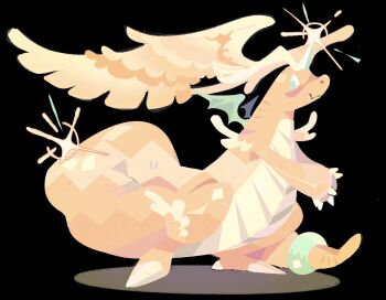 black_background colored_skin dragon dragonite full_body gen_1_pokemon green_eyes head_wings highres horns jaysoysaucee looking_at_viewer mega_dragonite mini_wings nintendo no_humans orange_skin own_hands_together pokemon pokemon_(creature) pokemon_legends:_z-a single_horn smile sparkle standing tail tail_ornament tail_ring wings