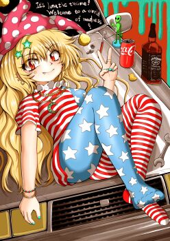 1girl alcohol alien american_flag american_flag_dress american_flag_legwear american_flag_print aqua_nails bead_bracelet beads blonde_hair bolt_(hardware) bracelet breasts can car chain chain_bracelet chain_necklace clownpiece coca-cola commentary crescent crescent_necklace drink_can ear_piercing earrings english_text fang feet figure flag_print full_body glass_bottle gold_ring hair_ornament hand_up hat highres jack_daniel&#039;s jester_cap jewelry knees_up kouunaibennki legs long_hair looking_at_viewer lying mole mole_under_eye motor_vehicle nail_polish neck_ruff necklace nut_(hardware) on_back on_car pantyhose piercing polka_dot_hat pom_pom_(clothes) pom_pom_hat_ornament red_background red_eyes ring short_sleeves single_earring slit_pupils small_breasts smile soda_can solo spiked_ear_piercing star_(symbol) star_hair_ornament star_on_cheek symbol-only_commentary toothbrush touhou v vehicle_request wavy_hair whiskey wrench
