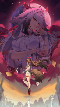 1girl absurdres animal_ears arm_under_breasts back bare_shoulders black_boots body_markings boots breasts brown_hair commentary gradient_hair hair_flaps hair_ornament hairband hand_up high_heel_boots high_heels highres horse_ears horse_girl horse_tail humugo leotard long_hair looking_at_viewer medium_breasts multicolored_hair multiple_views parted_lips red_eyes smile streaked_hair sword tail weapon white_hairband white_leotard ye_shunguang zenless_zone_zero