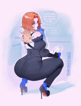 Rule 34 | 1girl, ass, ass focus, bloodlight (nyantcha), blue eyes, breasts, commentary, english commentary, english text, full body, genderswap, genderswap (mtf), high heels, highres, large breasts, medium hair, mikhail (nyantcha), nyantcha, scar, scar across eye, scar on face, short hair, solo, speech bubble