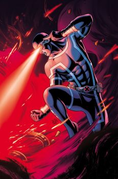 1boy black_bodysuit blue_trim bodysuit clenched_hand clenched_teeth comic_cover commentary covered_abs covered_pectorals cyclops_(x-men) english_commentary eye_beam initial looking_to_the_side male_focus marvel matt_wilson muscular muscular_male official_alternate_costume official_art pectorals profile red_background russell_dauterman scott_summers solo superhero_costume teeth western_comics_(style) x-men