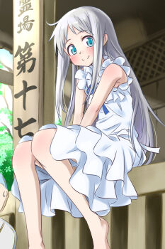 1girl ano_hi_mita_hana_no_namae_wo_bokutachi_wa_mada_shiranai. barefoot blue_eyes blush commentary_request dress grey_hair highres honma_meiko long_hair looking_at_viewer punto shrine sitting smile solo sunlight white_dress