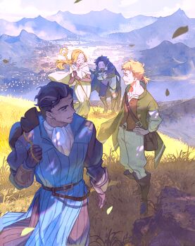 1girl 3boys alfyn_greengrass ascot black_hair black_pants blonde_hair boots brown_boots brown_gloves brown_hair brown_vest cape carrying_over_shoulder closed_eyes commentary_request cyrus_albright dress facial_hair film_grain floating_clothes floating_hair from_above gloves gold_trim grass green_cape green_jacket grey_streaks grin hair_slicked_back hands_on_own_hips highres holding holding_staff jacket leaf long_hair looking_at_another looking_back low_ponytail mo_(user_jeyg3777) mountainous_horizon multiple_boys octopath_traveler octopath_traveler_i olberic_eisenberg open_mouth ophilia_clement outdoors pants parted_bangs ponytail profile shirt short_ponytail sleeveless sleeveless_jacket smile staff sweatdrop vest white_ascot white_cape white_dress white_pants white_shirt