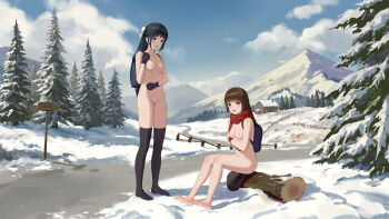 2girls absurdres backpack bag black_gloves black_hair black_socks blue_eyes blush breasts brown_hair cleft_of_venus commentary english_commentary feet gloves gu_ling_yu hair_ribbon highres house log long_hair looking_at_viewer medium_breasts mountain mountainous_horizon multiple_girls naked_scarf naked_school_attendance nipples nude open_clothes original outdoors pussy ribbon scarf scenery sitting sitting_on_log smile snow snow_on_roof snow_on_tree socks soles tree zenra