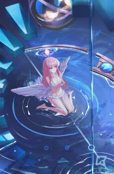 Rule 34 | 1girl, absurdres, bare arms, bare legs, bare shoulders, bikini, blue archive, blush, breasts, cleavage, collarbone, commentary request, frilled bikini, frills, halo, highres, large breasts, long hair, looking at viewer, low wings, mika (blue archive), mika (swimsuit) (blue archive), navel, official alternate costume, official alternate hairstyle, open mouth, pink hair, pink halo, re12x, scenery, shirt, sitting, solo, stomach, sunglasses, swimsuit, unworn eyewear, very long hair, wariza, white bikini, white shirt, wings
