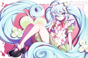 1girl absurdly_long_hair apron aqua_eyes aqua_hair black_boots boots commentary_request dress frilled_apron frills green_dress hair_between_eyes hair_ornament hatsune_miku heart heart_hair_ornament hebetarian highres long_hair open_mouth pink_ribbon puffy_short_sleeves puffy_sleeves ribbon short_sleeves solo twintails very_long_hair vocaloid white_apron