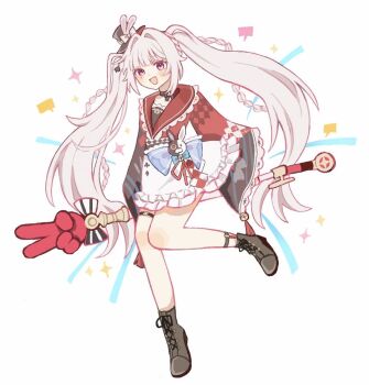 Rule 34 | 1girl, :d, black boots, black choker, black hat, boots, braid, choker, commentary request, hair intakes, hat, highres, holding, holding staff, honkai: star rail, honkai (series), japanese clothes, kimono, leg up, long hair, long sleeves, looking at viewer, mini hat, mini top hat, open mouth, pink eyes, red kimono, sidelocks, smile, solo, sparkle, sparkle (honkai: star rail), sparxie (honkai: star rail), staff, standing, standing on one leg, top hat, tori26, twintails, very long hair, white hair, wide sleeves