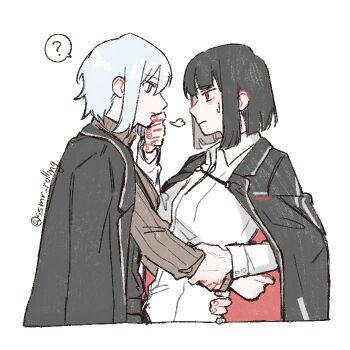 Rule 34 | 2girls, black coat, black hair, black jacket, blue eyes, bob cut, brown sweater, closed mouth, coat, coat on shoulders, collared shirt, commentary request, covering another's mouth, faust (project moon), hand on another's waist, jacket, lapels, limbus company, multiple girls, notched lapels, project moon, red eyes, ribbed sweater, ryoshu (project moon), shirt, short hair, simple background, ssmr rolling, sweater, upper body, white background, white hair, white shirt, yuri