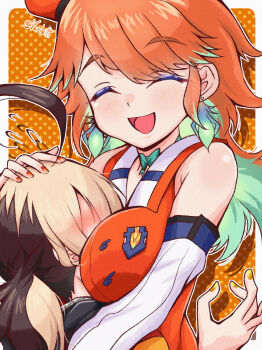 2girls absurdres aqua_bow aqua_bowtie between_breasts black_hair blonde_hair bow bowtie breasts closed_eyes colored_inner_hair colored_tips earrings flying_sweatdrops gigi_murin gigi_murin_(1st_costume) green_hair hand_on_another&#039;s_head head_between_breasts highres hololive hololive_english hug jewelry multicolored_hair multiple_girls open_mouth orange_nails takanashi_kiara takanashi_kiara_(1st_costume) twitter_username two-tone_hair varliet virtual_youtuber yellow_nails yuri