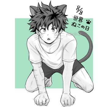 1boy animal_ears boku_no_hero_academia bones_(company) cat_ears cat_tail curly_hair fang freckles highres legs ma10rumi messy_hair midoriya_izuku shirt shorts shota shounen_jump tail