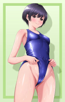 1girl akippoi_0919 black_hair blue_one-piece_swimsuit breasts brown_eyes cameltoe covered_navel cowboy_shot frontal_wedgie green_background highres medium_breasts one-piece_swimsuit original school_swimsuit self_wedgie short_hair solo swimsuit two-tone_background wedgie wet wet_clothes wet_swimsuit
