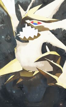 absurdres asteroid_ill character_name commentary_request flygon from_above gen_3_pokemon gen_7_pokemon highres legendary_pokemon necrozma nintendo no_humans open_mouth pokemon pokemon_(creature) pokemon_focus rubble sharp_teeth size_difference teeth wide_shot