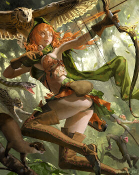 1girl aiming animal armpits arms_up arrow_(projectile) ass bag bird boots bow_(weapon) bra breasts brown_boots brown_gloves cat character_request cleavage copyright_request day fantasy ferret floating_clothes floating_hair forest full_body gloves green_bra green_hood green_skirt hatching_(texture) highres holding holding_bow_(weapon) holding_weapon hood large_breasts leaf legs_up lips long_hair looking_to_the_side medium_breasts midair midriff monkey nature navel open_mouth orange_eyes orange_hair outdoors outstretched_arm owl panties pantyshot parted_lips pouch quiver sangsoo_jeong sideboob signature skindentation skirt snake solo thighhighs thighs tree underwear weapon wind