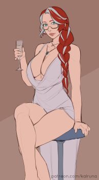 Rule 34 | 1girl, breasts, cleavage, cocktail glass, cup, dress, drinking glass, glasses, grey streaks, kalruna, original, red hair, streaked hair, white dress