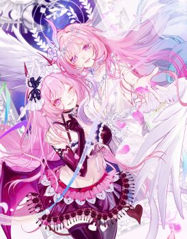 2girls ;o absurdres angel_wings aqua_hair black_bra black_gloves black_skirt black_tank_top bra breasts cleavage company_connection cyrene_(honkai:_star_rail) cyrene_(ripples_of_past_reverie)_(honkai:_star_rail) demon_wings diamond-shaped_pupils diamond_(shape) elf elysia_(hi_love_elf)_(honkai_impact) elysia_(honkai_impact) gloves gradient_hair halo headdress hei_xing_(pixiv_5165661) highres honkai:_star_rail honkai_(series) honkai_impact_3rd inoue_marina large_breasts long_hair midriff multicolored_hair multiple_girls navel one_eye_closed pink_hair pointy_ears purple_eyes skirt smile symbol-shaped_pupils tank_top underwear very_long_hair voice_actor_connection white_hair wings yanning