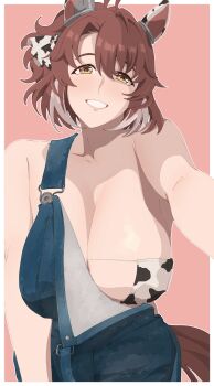 1girl alternate_breast_size_(larger) alternate_costume animal_ears animal_print bare_shoulders bikini bikini_under_clothes blue_overalls border breasts brown_hair cow_print cow_print_bikini dantsu_flame_(umamusume) ear_ornament eyepatch_bikini grey_hair grin hair_between_eyes head_tilt highres horse_ears huge_breasts kumabachi315 light_blush looking_at_viewer medium_hair multicolored_hair outside_border outstretched_arm overalls paid_reward_available parted_bangs pink_background print_bikini smile solo straight-on swimsuit two-tone_hair umamusume upper_body white_border yellow_eyes