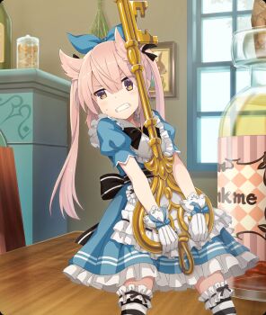 1girl alice&#039;s_adventures_in_wonderland alice_(alice_in_wonderland) alice_(alice_in_wonderland)_(cosplay) black_bow black_bowtie black_ribbon black_thighhighs blue_bow blue_dress blush_stickers bottle bow bowtie brown_eyes clenched_teeth corked_bottle cosplay cowboy_shot dot_nose double-parted_bangs dress english_text fireplace frilled_thighhighs frills game_cg gloves hair_bow hair_horns heavy indoors jar key label large_bow large_key legs_apart long_hair mashiko_kaoru mini_person minigirl official_art oversized_object picture_frame pink_hair rabbit ribbon short_sleeves small_sweatdrop solo table teeth thighhighs third-party_source toji_no_miko toji_no_miko:_kizamishi_issen_no_tomoshibi twintails waist_ribbon white_gloves window wooden_table