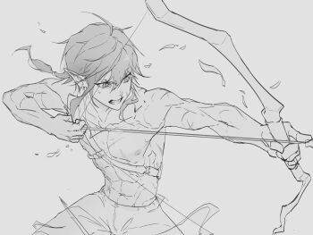1boy absurdres archery arrow_(projectile) bow_(weapon) clenched_teeth commentary cowboy_shot drawing_arrow earrings english_commentary facial_scar fighting_stance furrowed_brow grey_background greyscale hair_between_eyes hair_tie highres holding holding_arrow holding_bow_(weapon) holding_weapon jewelry link low_ponytail male_focus medium_hair monochrome multiple_scars nintendo pointy_ears ponytail scar scar_on_arm scar_on_cheek scar_on_chest scar_on_face scars_all_over shin_ra_ra sidelocks sketch slit_pupils solo sweat teeth the_legend_of_zelda the_legend_of_zelda:_breath_of_the_wild too_many topless_male weapon
