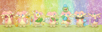 alternate_color audino cottonee flower food fruit gen_2_pokemon gen_4_pokemon gen_5_pokemon grapes highres ice_cream joltik nintendo no_humans odd_one_out on_head orange_(fruit) petilil pokemon pokemon_(creature) pokemon_on_head rainbow rainbow_background rotom rotom_(normal) shiny_and_normal shiny_pokemon solosis star-shaped_food star_(symbol) starfruit wooper yorujisa_yuuto