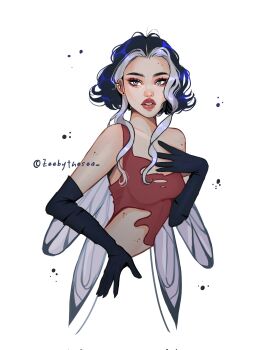 1girl alternate_costume asymmetrical_shirt blue_hair bob_cut bug crop_top cropped_torso dragonfly ear_piercing earrings eyelashes eyeshadow fairy fashion forehead grey_eyes hair_behind_ear hair_over_shoulder hand_on_own_chest hand_on_own_hip highres insect jewelry looking_to_the_side makeup mole mole_on_arm mole_on_cheek mole_on_forehead mole_on_stomach multiple_moles parted_lips piercing red_eyeshadow red_shirt shirt short_hair single_strap stormy_(winx_club) stud_earrings thick_eyebrows thick_lips tight_clothes tight_shirt torn_clothes torn_shirt twitter_username upper_body wavy_hair white_background white_streaks winx_club zeebythesea