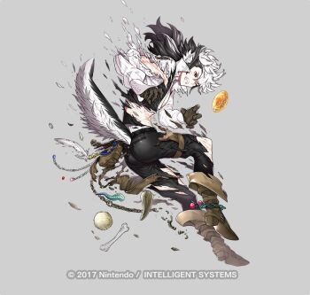 1boy 2017 animal_ears black_fur black_hair black_pants black_vest bone boots brown_footwear brown_gloves chain chaps collared_shirt copyright_name feathers fire_emblem fire_emblem_fates fire_emblem_heroes full_body gloves keaton_(fire_emblem) leather leather_boots leather_gloves male_focus multicolored_hair nintendo official_art okuma_yuugo pants pectoral_cleavage pectorals popped_collar red_eyes shirt tail torn_clothes trash two-tone_fur two-tone_hair vest white_fur white_hair white_shirt wolf_ears wolf_tail